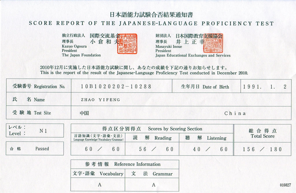 精华日语:我校徐汇分部业余班赵逸峰同学通过